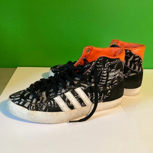 Adidas Basket Profi Hi-Top Sneakers, Black & Gray Leaf Pattern with Orange, Sz 7 - Picture 2 of 8